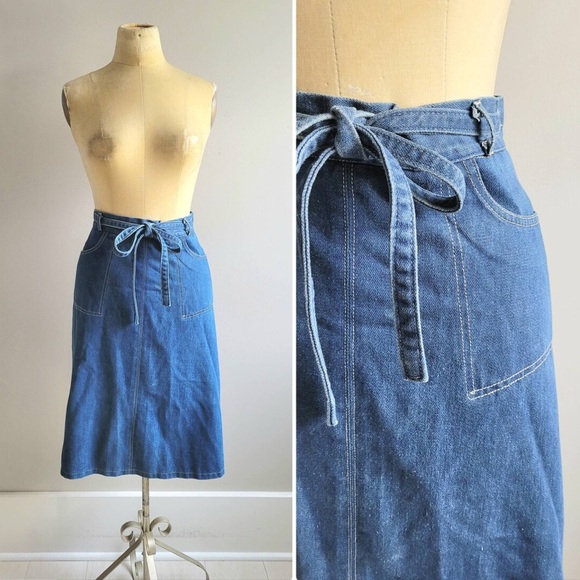 Dresses & Skirts - Medium Vintage 1970s Womens Denim Jean Wrap Skirt Spring Summer Boho Hippie